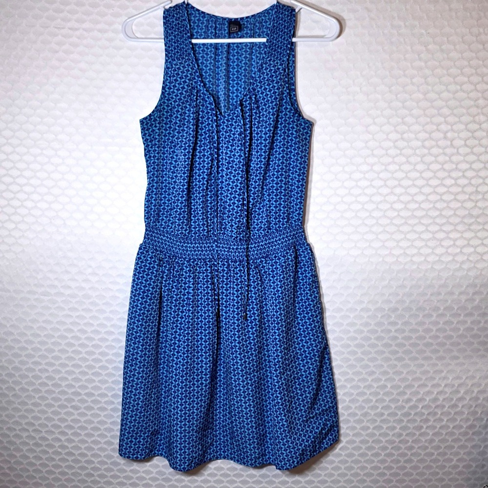 Gap Blue Geometric Print Sleeveless V-Neck Smocked Waist Pocket Dress XS